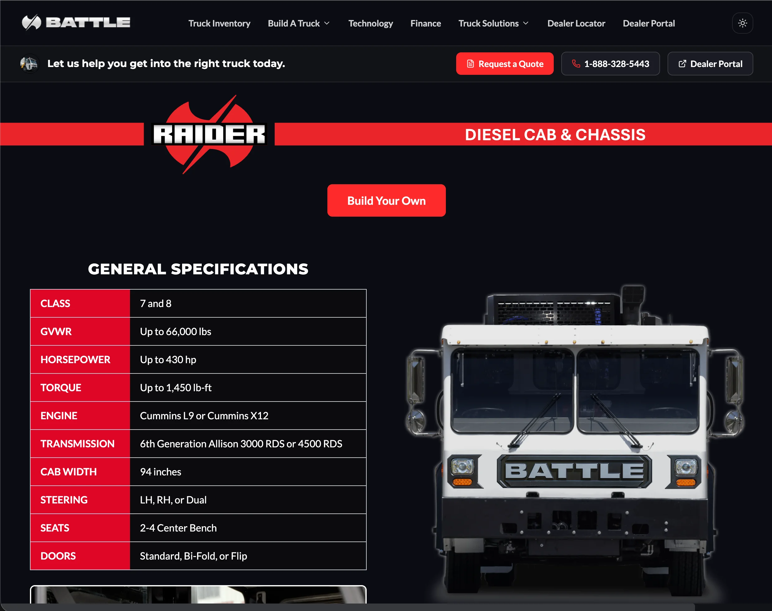 Raider — spec sheet driven by the truck_spec table