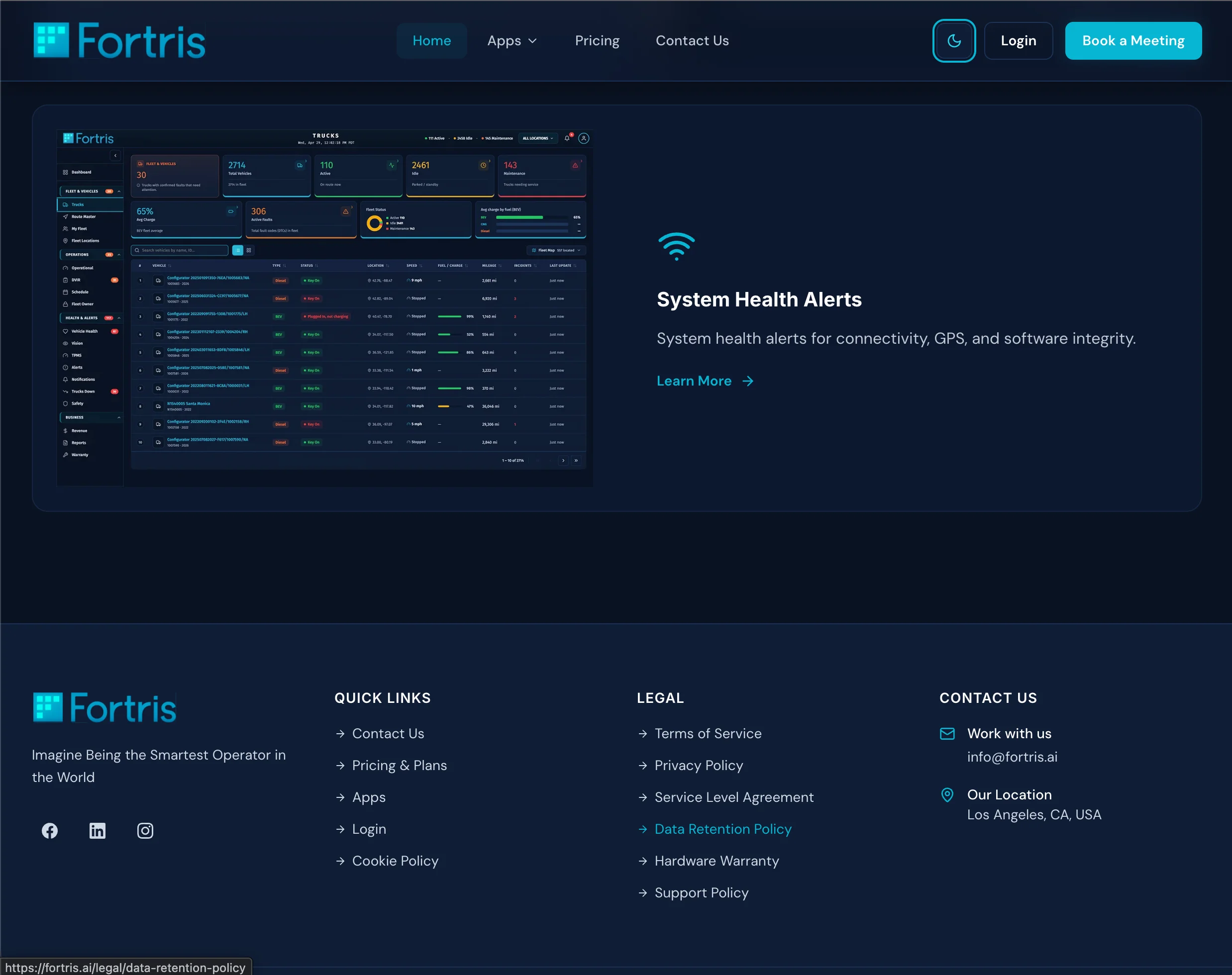 Home — system-health section + legal-surface footer