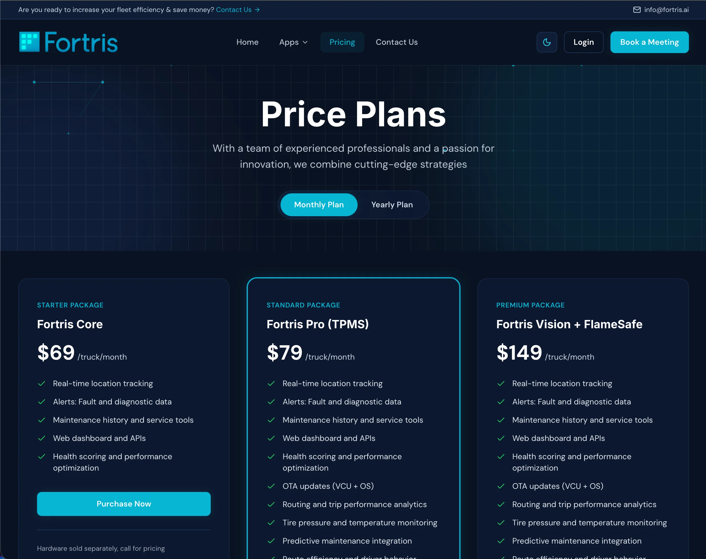 Pricing — three tiers, monthly / yearly toggle