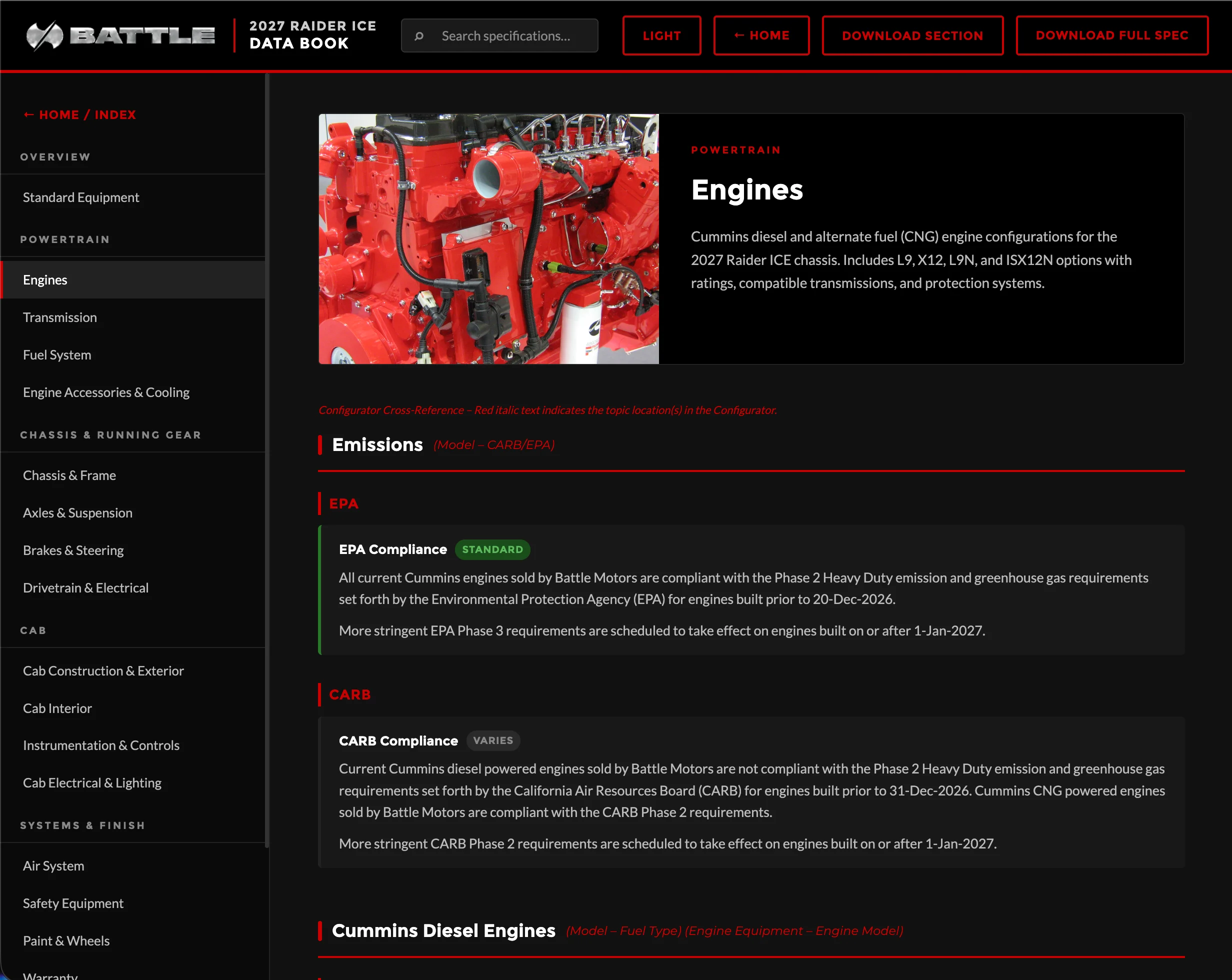 Engines — emissions, configs & cross-reference