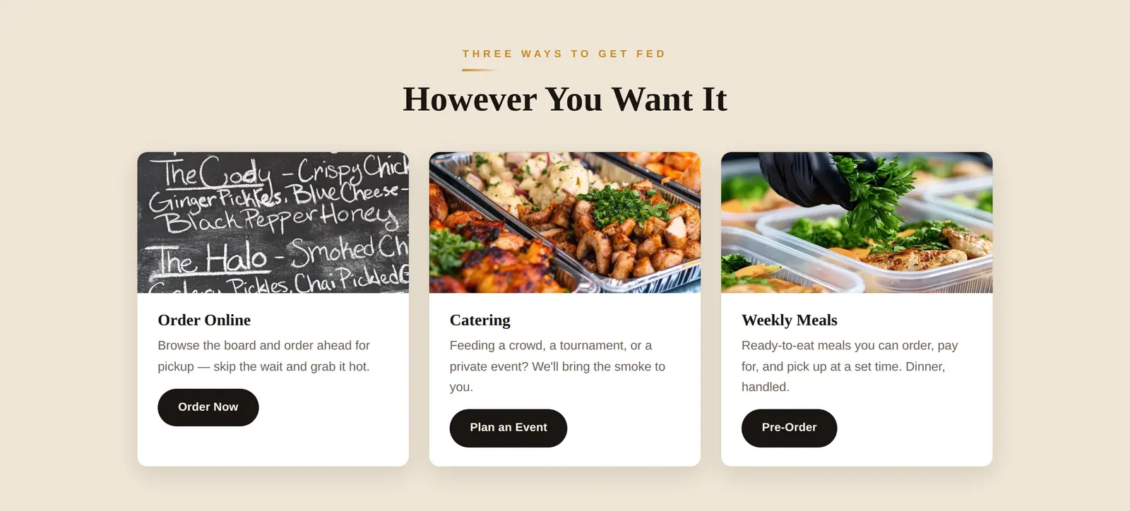 The three order lanes: pickup, catering, weekly meals. Each points at Toast.