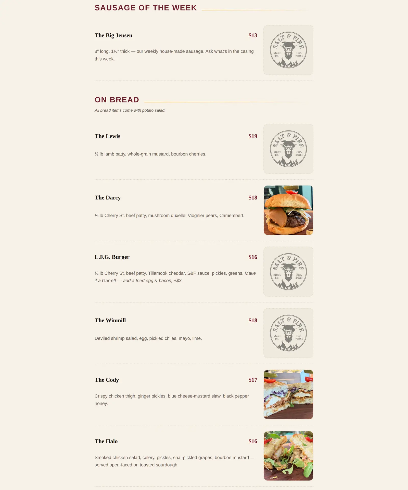 Menu typography. Chalk transcribed to type, named sandwiches and all.