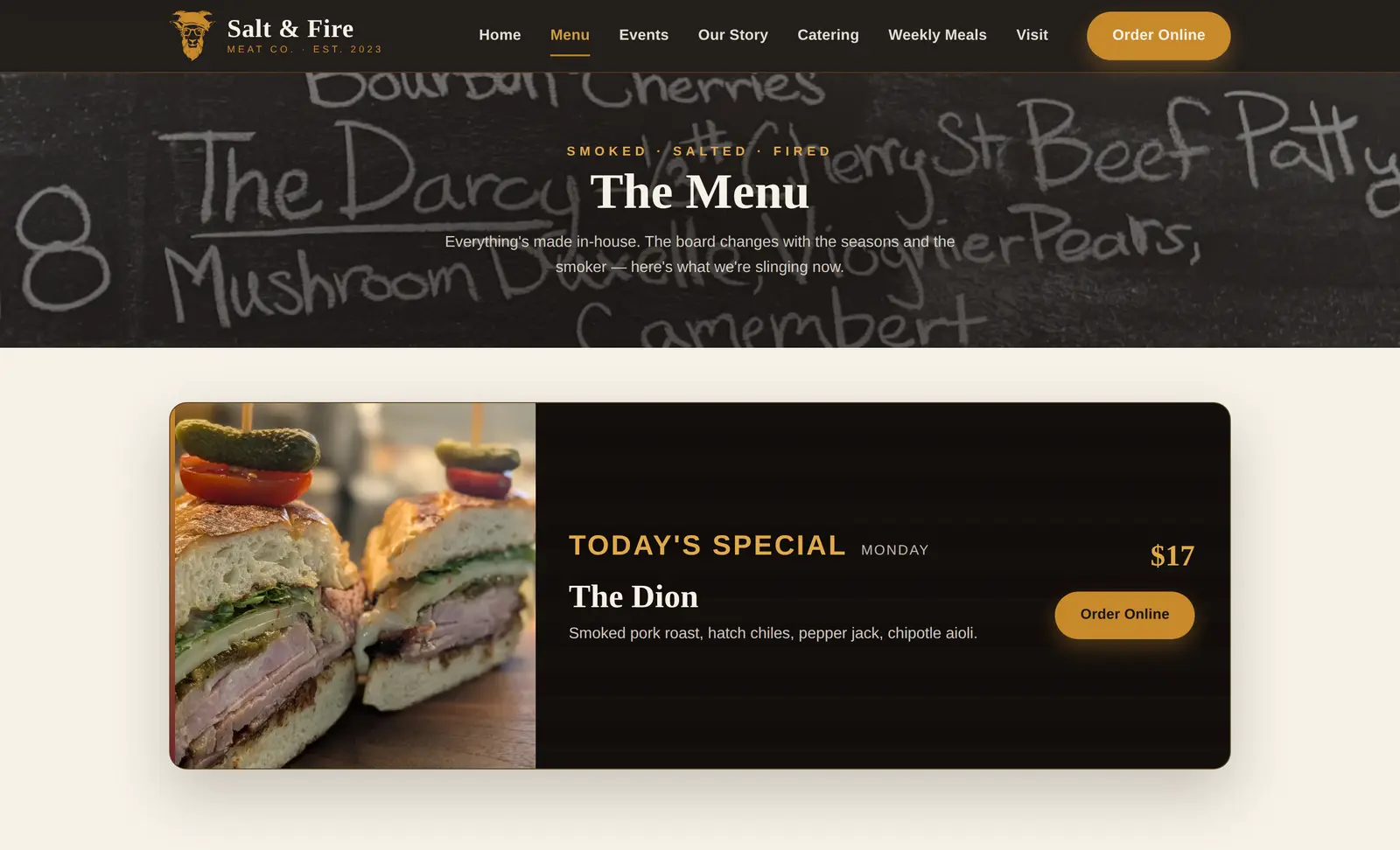 The menu page opens on the actual chalkboard