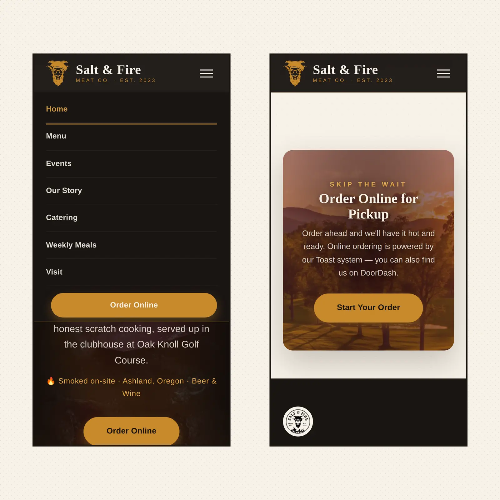 Phone width. The nav and the order flow, built for one thumb.