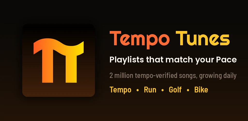 The Google Play feature graphic with the new logo. Tempo, Run, Golf, and Bike, on 2 million tempo-verified songs.