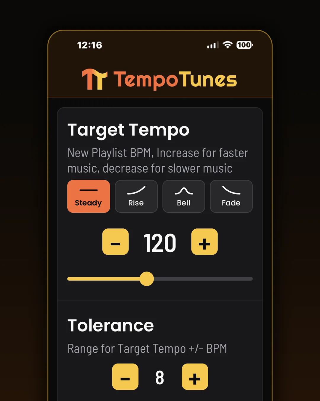 The Make tab. Set a target tempo, give it a tolerance, and every song holds the pace.