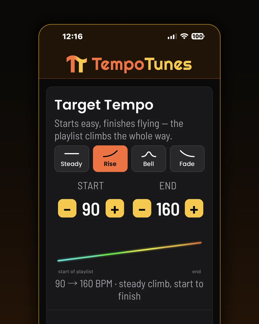 Rise. Start at 90, end at 160, and the playlist climbs the whole way there.