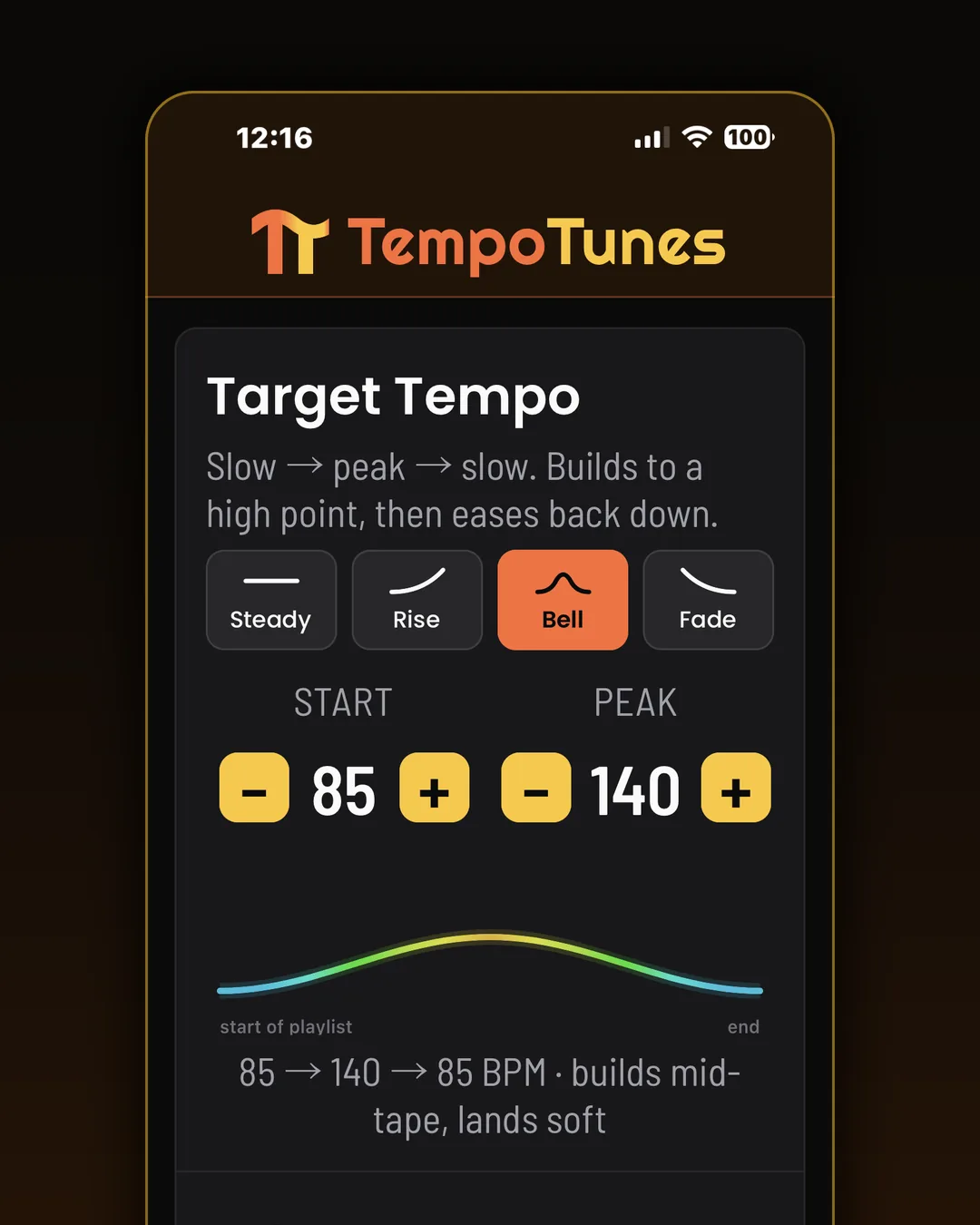 Bell. Build to a peak mid-playlist, then ease it back down.