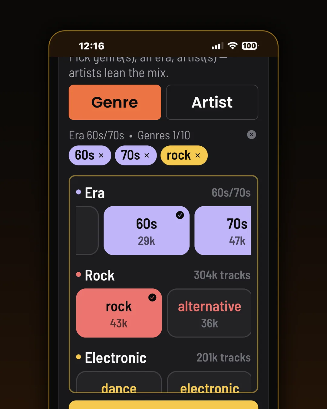 Nine genre family shelves with live counts from the catalog, plus an era filter for decade loyalists.