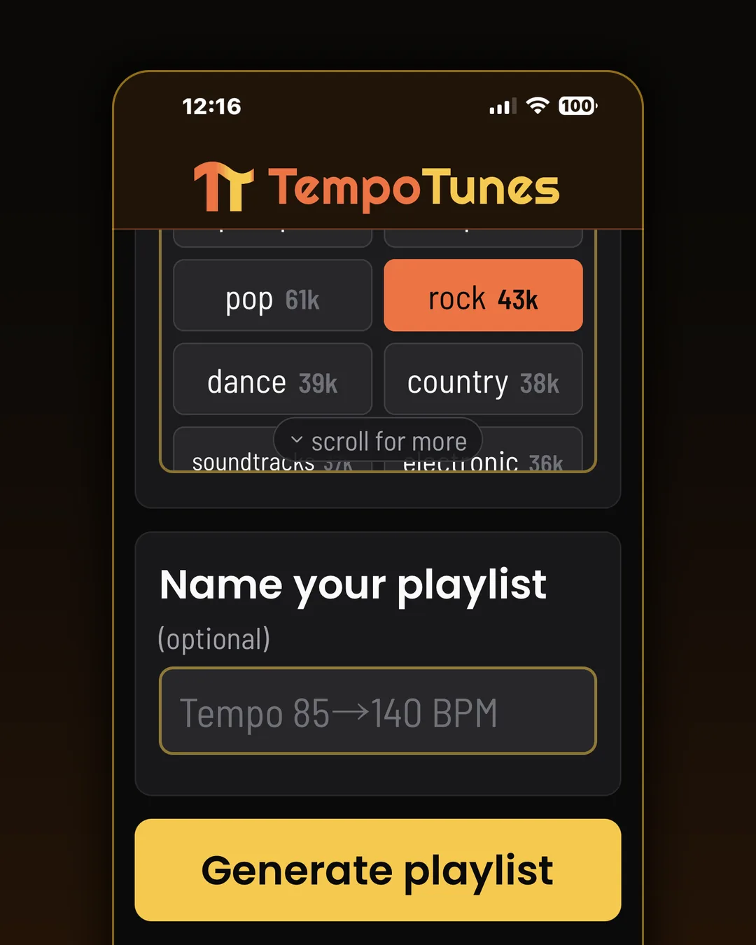 Name the playlist or let it name itself, then one tap on Generate starts the deck winding.