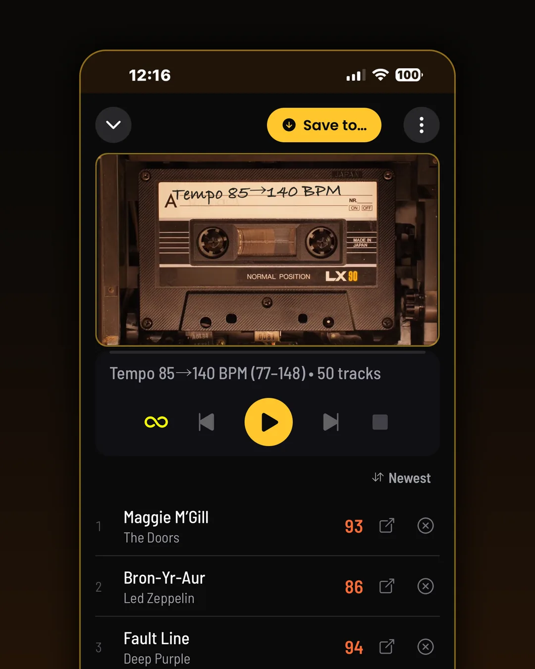 Inside a finished playlist. Every track tempo-verified, with BPM colored by Tempo-Heat.