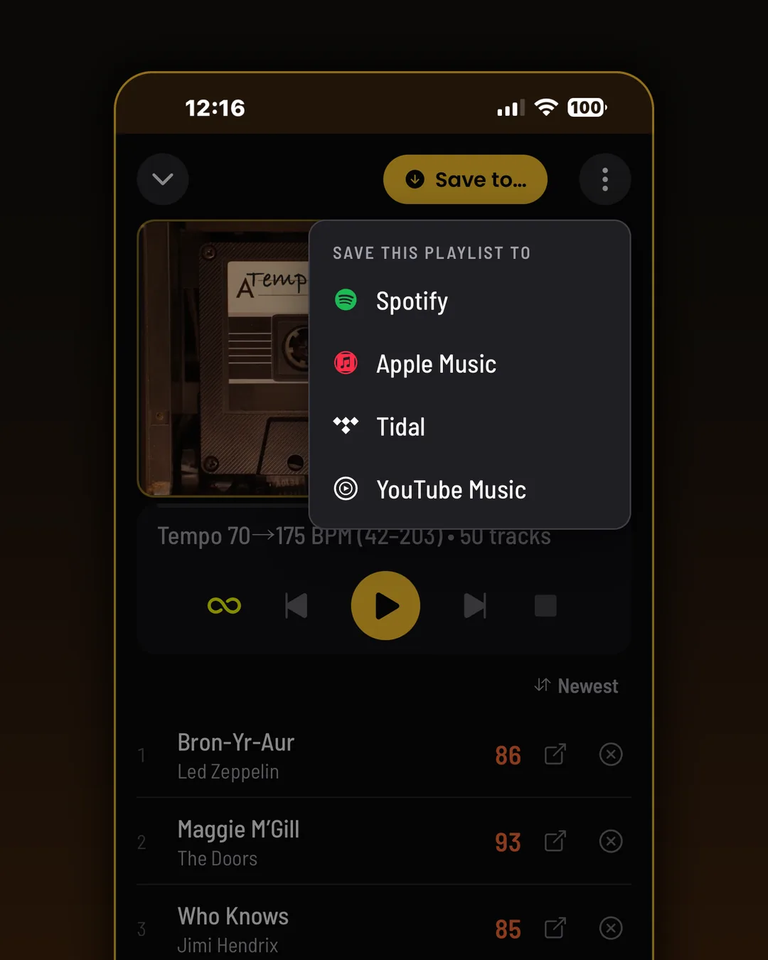 Save a playlist to Apple Music, Tidal, or YouTube Music. Spotify waits in invite-only beta behind their 250k user gate.