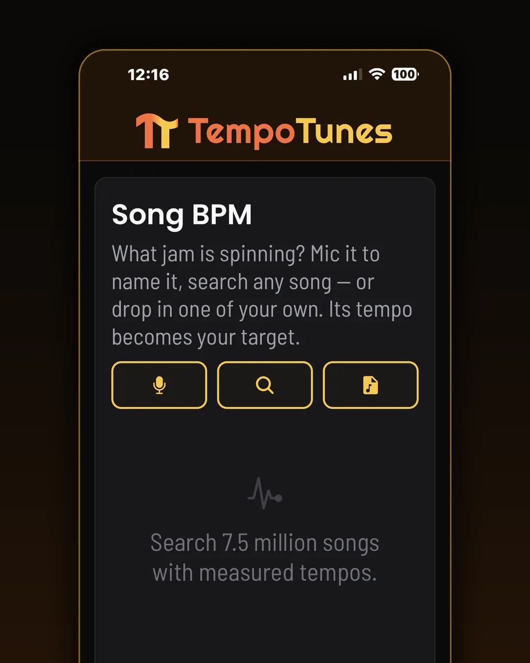 The BPM tab. Mic the song playing, search 7.5 million measured tracks, or upload your own. One tap makes a playlist from that jam.