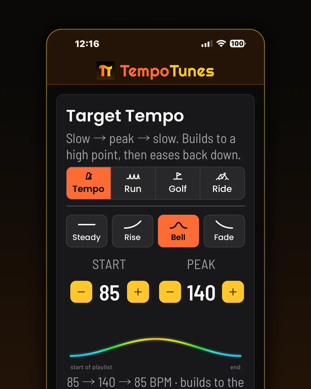 Tempo. Set the BPM yourself, or shape it. Bell climbs from 85 to a 140 peak and lands soft.