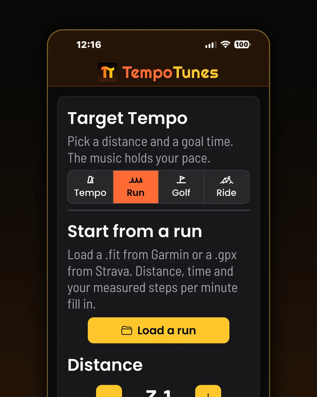 Run. Pick a distance and a goal time, or start from a run you recorded on Garmin or Strava.