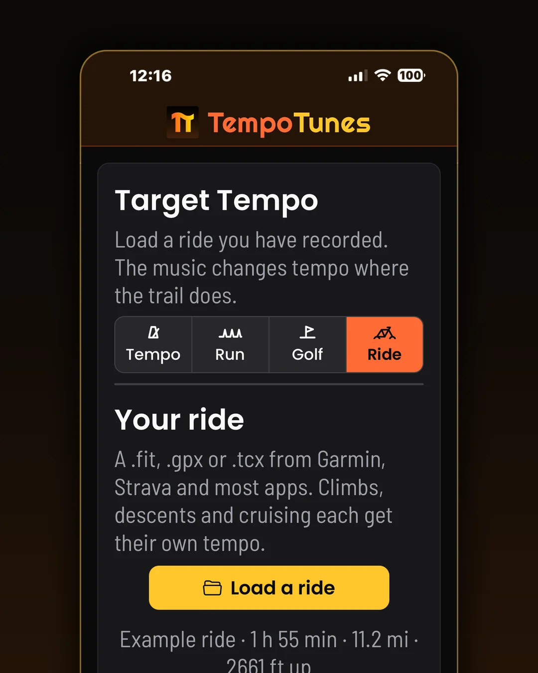 Ride. Load a ride and its elevation comes back as tempo. 140 on the climb, 168 on the way down.