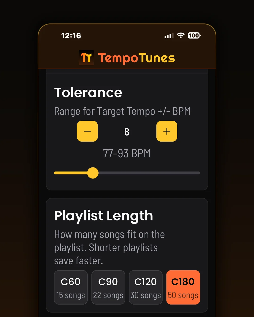 Tolerance sets how tight every song holds to the target. Tight for cadence work, loose for variety.