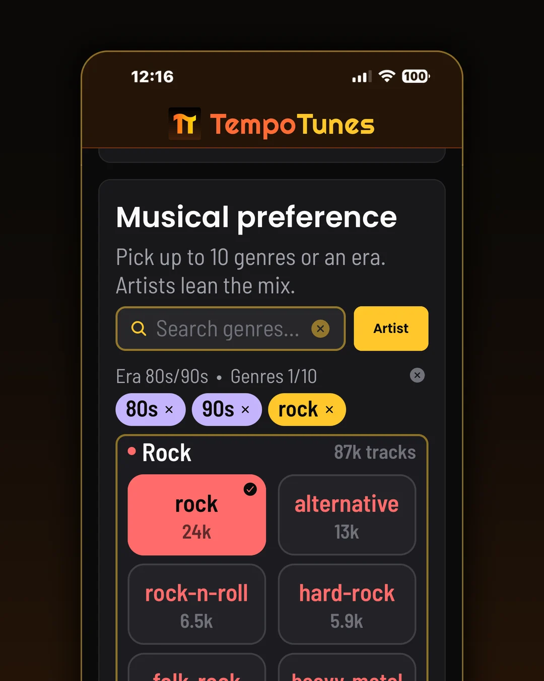 Pick up to ten genres or an era. Every family shelf shows live track counts from the catalog.