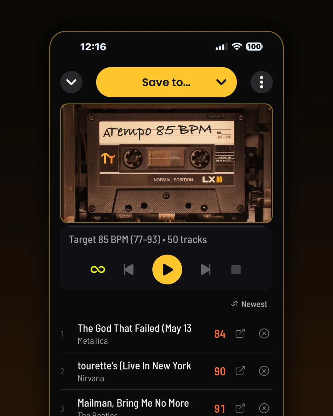Inside a finished playlist. Every track tempo-verified, with BPM colored by Tempo-Heat.