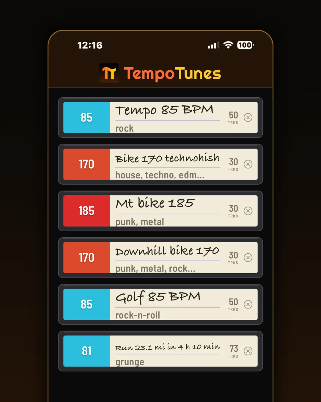 The shelf. Tempo, bike, golf, and run playlists, each a cassette spine with a handwritten label.