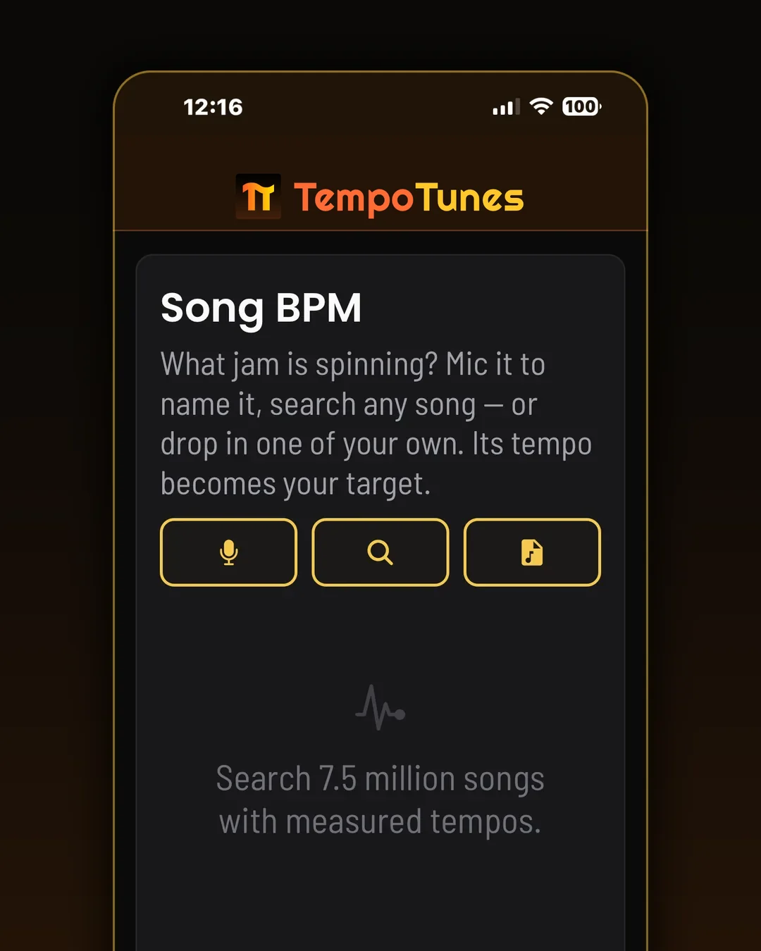 The BPM tab. Mic the song playing, search 7.5 million measured tracks, or upload your own.