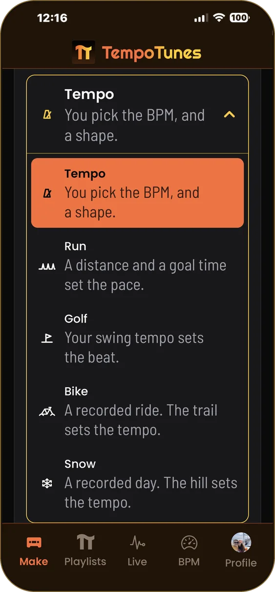 Make tab with the mode list open: Tempo, Run, Golf, Bike, Snow