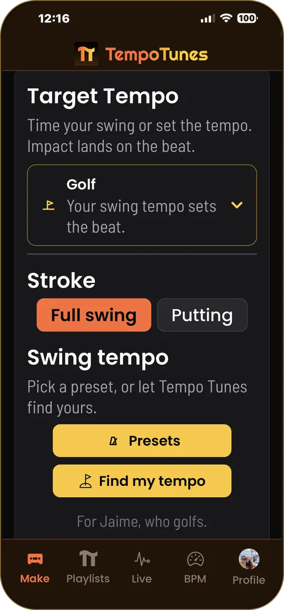 Golf mode: full swing or putting, presets, and find my tempo
