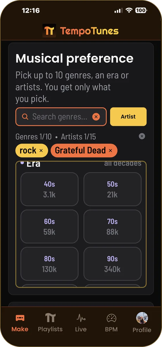Musical preference: rock, an artist it should lean toward, and the era shelf
