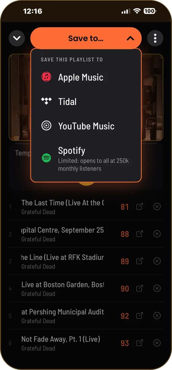 A finished playlist with the Save to sheet open: Apple Music, Tidal, YouTube Music