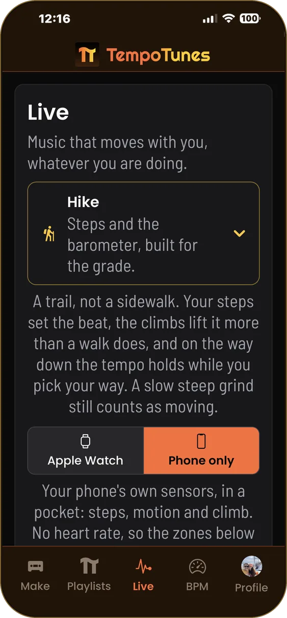 Live setup with Hike selected and the Apple Watch or Phone only choice