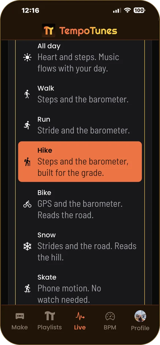 The seven Live activities: All day, Walk, Run, Hike, Bike, Snow, Skate