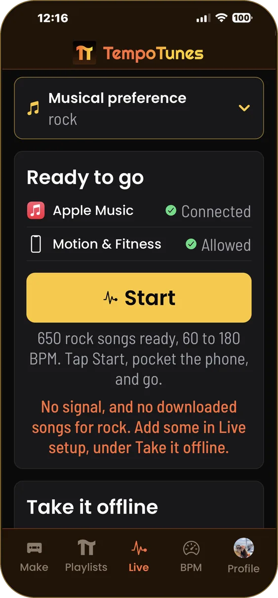 Ready to go: Apple Music connected, Motion and Fitness allowed, Start