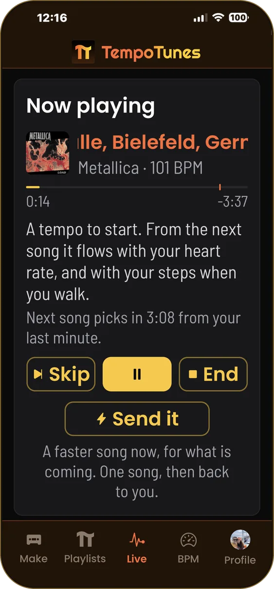 Now playing: Metallica at 101 BPM with Skip, Pause, End, and Send it