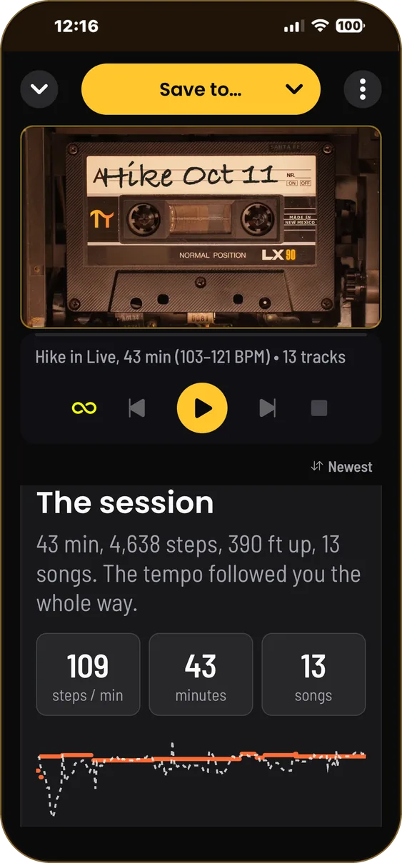 The Hike Oct 11 playlist with the session card: 43 minutes, 4,638 steps, 390 feet up