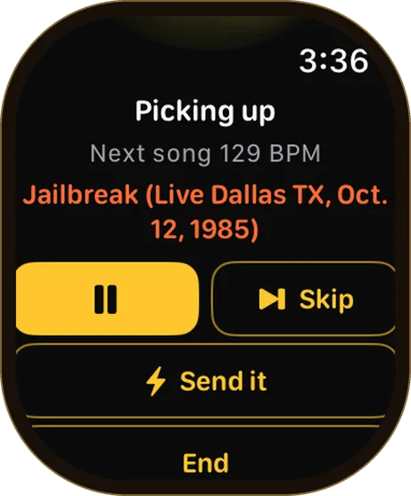 Apple Watch: Picking up, next song 129 BPM, with Pause, Skip, Send it, End
