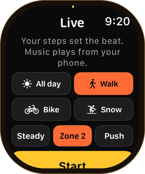 Apple Watch Live setup with Walk selected