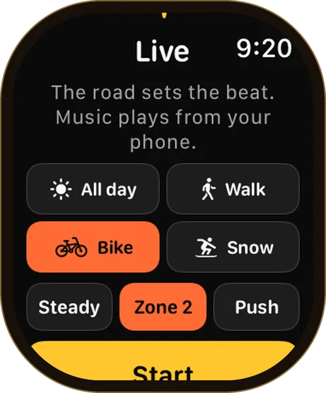 Apple Watch Live setup with Bike selected